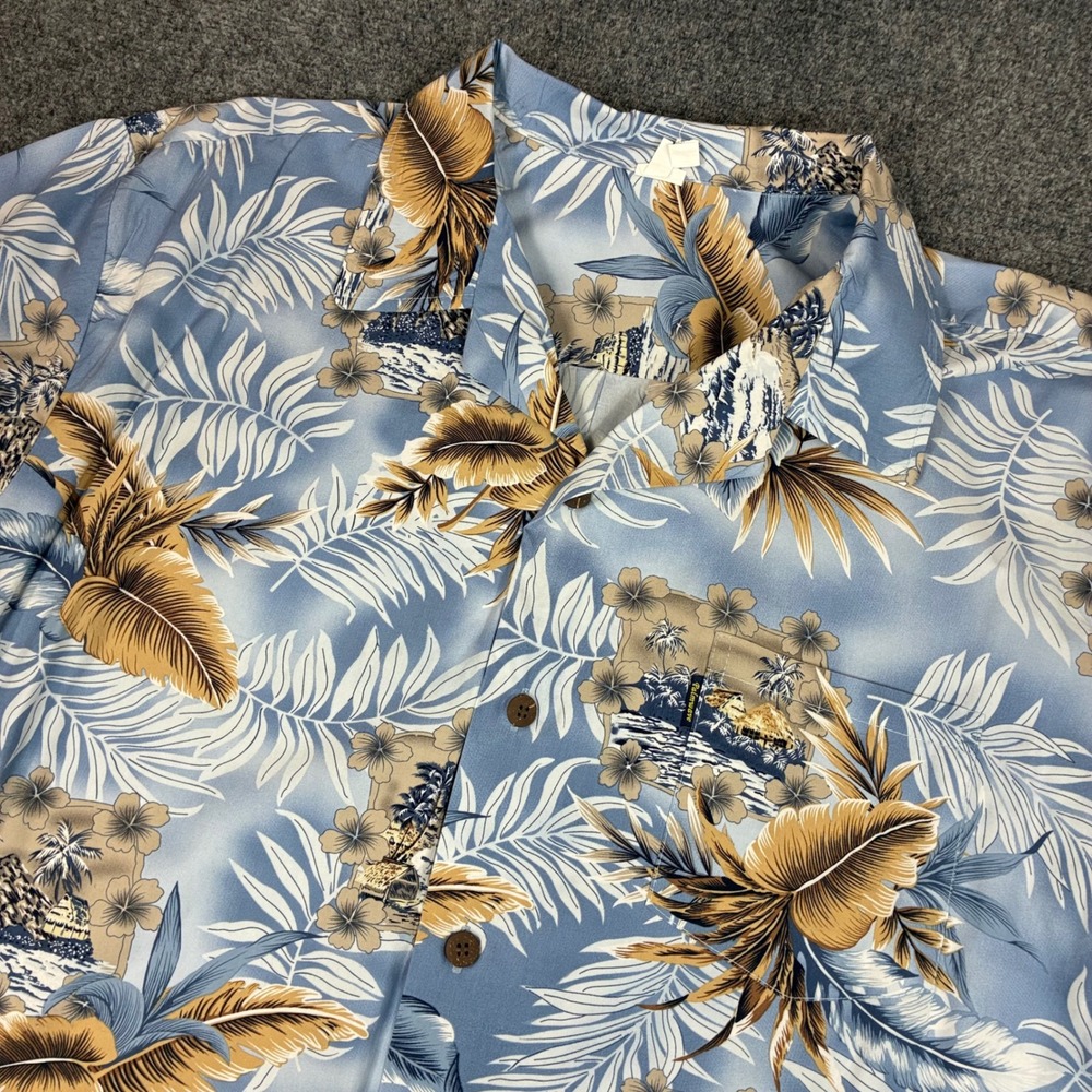 Palmwave Hawaii Mens XL Aloha Shirt Blue Tropical Palm Leaf Cotton Button Down